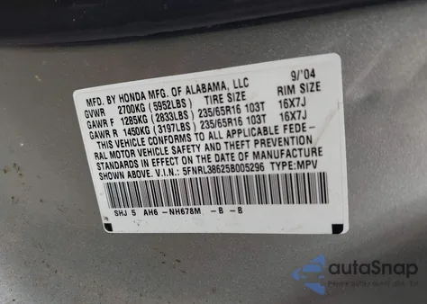 2005 Honda Odyssey Ex-L from USA, damaged, VIN 5FNRL38625B005296